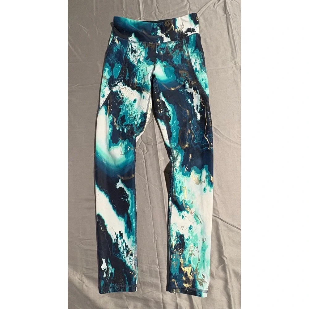 Old Navy Active PowerSoft Leggings Blue Marble Gold Foil High Rise Women L 10-12